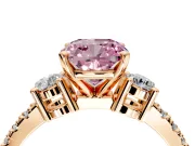 3 Stone Engagement Ring Setting for Fancy Pink Cushion Cut Center with Round Cut Side Accents and Prong Head in Rose Gold