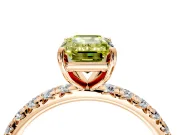 Solitaire Engagement Ring Setting for Fancy Yellow Emerald Cut Center with Shared-Prong Accents and Prong Head in Rose Gold