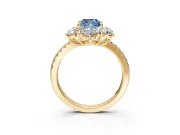 Floral Halo Engagement Ring Setting for Fancy Blue Cushion Cut Center with Pave Accents and Prong Head in Yellow Gold
