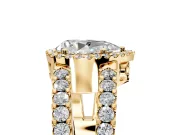 Halo Engagement Ring Setting for Pear-Shaped Center with Wide-Open Pave Split Shank and Prong Head in Yellow Gold