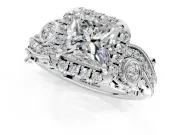Bypass Halo Engagement Ring Setting for Princess Cut Center with Bezel Accents, Milgrain and Prong Head in White Gold