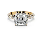 Solitaire Engagement Ring Setting for Asscher Cut Center with Domed Multi-Row Pave Band and Prong Head in Yellow Gold