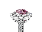 Halo Engagement Ring Setting for Fancy Pink Round Cut Center with Milgrain Channel Band and Prong Head in Platinum