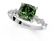 Solitaire Engagement Ring Setting for Fancy Green Cushion Cut Center with Trailing Leaf Accent Band and Prong Head in Sterling Silver