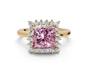 Starburst Halo Engagement Ring Setting for Fancy Pink Princess Cut Center with Thin Round-Wire Band and Prong Head in Yellow Gold