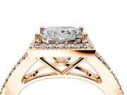 Halo Engagement Ring Setting for Princess Cut Center with Pave Split Shank and Prong Head in Rose Gold