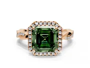 Halo Engagement Ring Setting for Fancy Green Asscher Cut Center with Pave and Plain Twist Band and Prong Head in Rose Gold