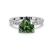 Solitaire Engagement Ring Setting for Fancy Green Heart-Shaped Center with Round Cut Pave Band and Prong Head in White Gold