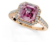 Halo Engagement Ring Setting for Fancy Pink Asscher Cut Center with Narrowing Pave Band and Prong Head in Rose Gold