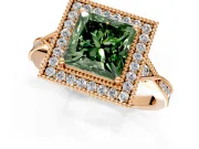 Halo Engagement Ring Setting for Fancy Green Princess Cut Center with Milgrain Rim, Pave Band and Prong Head in Rose Gold