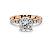 Solitaire Engagement Ring Setting for Cushion Cut Center with Fine Pave Band and Claw Prong Head in Rose Gold