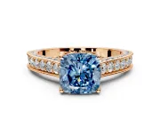 Solitaire Engagement Ring Setting for Fancy Blue Cushion Cut Center with Milgrain-Framed Pave Band and Prong Head in Rose Gold
