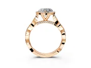 Halo Engagement Ring Setting for Heart-Shaped Center with Twist Band and Prong Head in Rose Gold