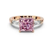 3 Stone Engagement Ring Setting for Fancy Pink Princess Cut Center with Tapered Baguettes, Plain Band and Prong Head in Rose Gold