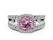 Halo Engagement Ring Setting for Fancy Pink Cushion Cut Center with Wide-Open Pave Split Shank and Prong Head in Platinum