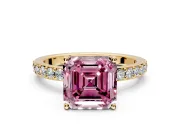 Solitaire Engagement Ring Setting for Fancy Pink Asscher Cut Center with Round Cut Pave Band and Prong Head in Yellow Gold