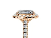 Halo Engagement Ring Setting for Emerald Cut Center with Raised Halo, Pave Band and Prong Head in Rose Gold