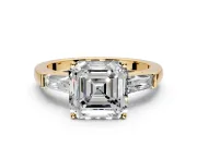 3 Stone Engagement Ring Setting for Asscher Cut Center with Tapered Baguettes, Plain Band and Prong Head in Yellow Gold