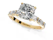 Baguette Engagement Ring Setting for Cushion Cut Center with Alternating Bar-Set Band and Prong Head in Yellow Gold