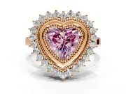 Halo Engagement Ring Setting for Fancy Pink Heart-Shaped Center with Milgrain Bezel Rim, Plain Band and Prong Head in Rose Gold