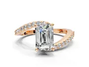 Solitaire Engagement Ring Setting for Emerald Cut Center with Pave Bypass Swirl Band and Prong Head in Rose Gold