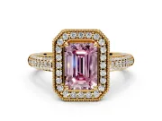 Milgrain Halo Engagement Ring Setting for Fancy Pink Emerald Cut Center with Three-Sided Pave Band and Prong Head in Yellow Gold