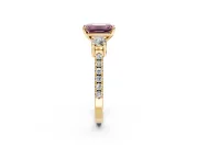 3 Stone Engagement Ring Setting for Fancy Pink Emerald Cut Center with Round Cut Side Accents and Prong Head in Yellow Gold