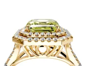 Double Halo Engagement Ring Setting for Fancy Yellow Asscher Cut Center with Narrow Pave Split Shank and Prong Head in Yellow Gold