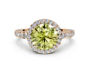 Halo Engagement Ring Setting for Fancy Yellow Round Cut Center with Heart-Shaped Openwork, Pave Band and Prong Head in Rose Gold
