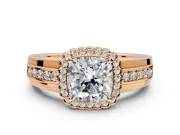 Halo Engagement Ring Setting for Cushion Cut Center with Wide Band, Inlaid Accent Row and Prong Head in Rose Gold
