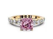 Shared-Prong Engagement Ring Setting for Fancy Pink Cushion Cut Center with Graduated Accents and Prong Head in Yellow Gold