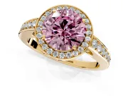 Bezel-Framed Halo Engagement Ring Setting for Fancy Pink Round Cut Center with Pave Band and Prong Head in Yellow Gold