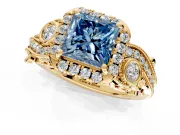 Bypass Halo Engagement Ring Setting for Fancy Blue Princess Cut Center with Bezel Accents, Milgrain and Prong Head in Yellow Gold