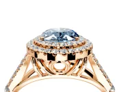 Double Halo Engagement Ring Setting for Fancy Blue Oval Center with Narrow Pave Split Shank and Prong Head in Rose Gold