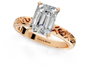 Solitaire Engagement Ring Setting for Emerald Cut Center with Scrollwork Band and Prong Head in Rose Gold