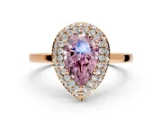 Halo Engagement Ring Setting for Fancy Pink Pear-Shaped Center with Plain Tapered Band and Prong Head in Rose Gold