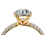 Solitaire Engagement Ring Setting for Round Cut Center with Domed Multi-Row Pave Band and Prong Head in Yellow Gold