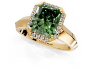 Halo Engagement Ring Setting for Fancy Green Radiant Cut Center with Knife Ridge Cathedral Band and Prong Head in Yellow Gold