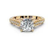 Solitaire Engagement Ring Setting for Cushion Cut Center with Pave Cathedral Band and Prong Head in Yellow Gold