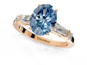 Bar-Set Engagement Ring Setting for Fancy Blue Oval Center with Tapered Baguette Accents and Prong Head in Rose Gold