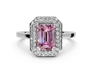 Halo Engagement Ring Setting for Fancy Pink Emerald Cut Center with Plain Tapered Band and Prong Head in Platinum