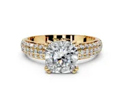 Solitaire Engagement Ring Setting for Cushion Cut Center with Multi-Row Pave Accents and Basket Head in Yellow Gold