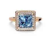 Halo Engagement Ring Setting for Fancy Blue Princess Cut Center with Plain Tapered Band and Prong Head in Rose Gold