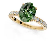Solitaire Engagement Ring Setting for Fancy Green Oval Center with Round Cut Pave Band and Prong Head in Yellow Gold