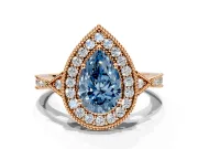Halo Engagement Ring Setting for Fancy Blue Pear-Shaped Center with Milgrain Rim, Pave Band and Prong Head in Rose Gold