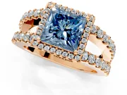 Halo Engagement Ring Setting for Fancy Blue Princess Cut Center with Wide-Open Pave Split Shank and Prong Head in Rose Gold