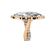 Halo Engagement Ring Setting for Marquise Center with Twist Band and Prong Head in Rose Gold