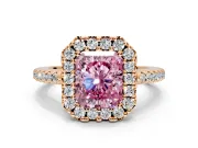 Pave Halo Engagement Ring Setting for Fancy Pink Radiant Cut Center with Single Row Pave Band and Prong Head in Rose Gold