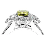 Halo Engagement Ring Setting for Fancy Yellow Emerald Cut Center with Two-Strand Split Shank and Prong Head in Platinum