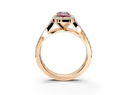 Halo Engagement Ring Setting for Fancy Pink Emerald Cut Center with Narrow Pave Split Shank and Prong Head in Rose Gold